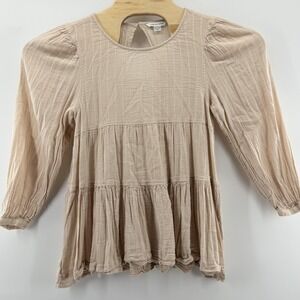 American Eagle Peplum Blouse Womens XS Beige LS Boho Tiered Keyhole Back Top